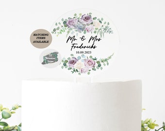 Personalised Floral Wedding Cake Topper, Purple and White Acrylic