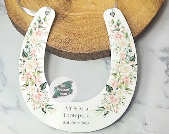 Personalised Wedding Horseshoe, Floral Anniversary Gift, Lucky Bridal Decor