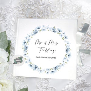 Personalised Blue and White Wedding Guestbook, Blue Floral Wedding Theme, Guest Book White Velvet, Wedding Gift For Couple, Blue Wedding,