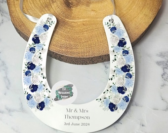 Personalised Wedding Horseshoe, dusty Navy Blue Floral, Lucky Bridal Gift