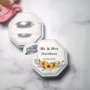 Personalised Wedding Ring Box, Sunflower & Lavender Wedding Theme, Wedding Keepsake, White Velvet Double Ring Box, Octagon, Summer Wedding