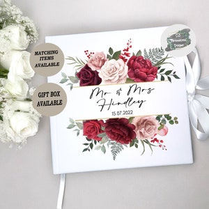 Personalised Wedding Guest Book, Burgundy Floral, White Velvet, Wedding Keepsake