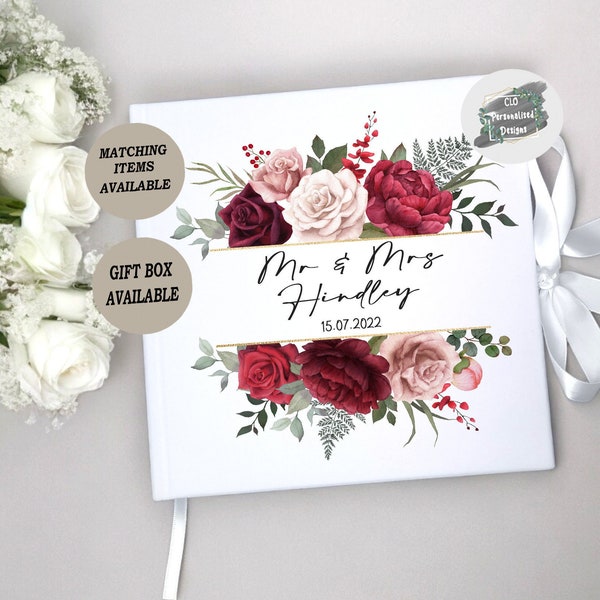 Personalised Wedding Guest Book, Burgundy Floral, White Velvet, Wedding Keepsake