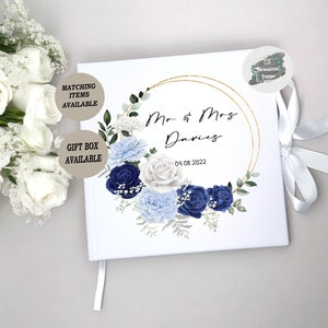 Personalised Blue and White Wedding Guestbook, Blue Floral Wedding Theme, Guest Book White Velvet, Wedding Gift For Couple, Blue Roses,