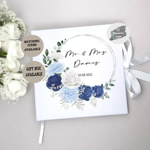 Personalised Blue and White Wedding Guestbook, Blue Floral Wedding Theme, Guest Book White Velvet, Wedding Gift For Couple, Blue Roses,