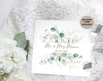 Personalised Wedding Guest book, Eucalyptus Wedding Theme, GuestBook White Velvet, Wedding Gift For Couple, Greenary, Gold, Eucalyptus Book