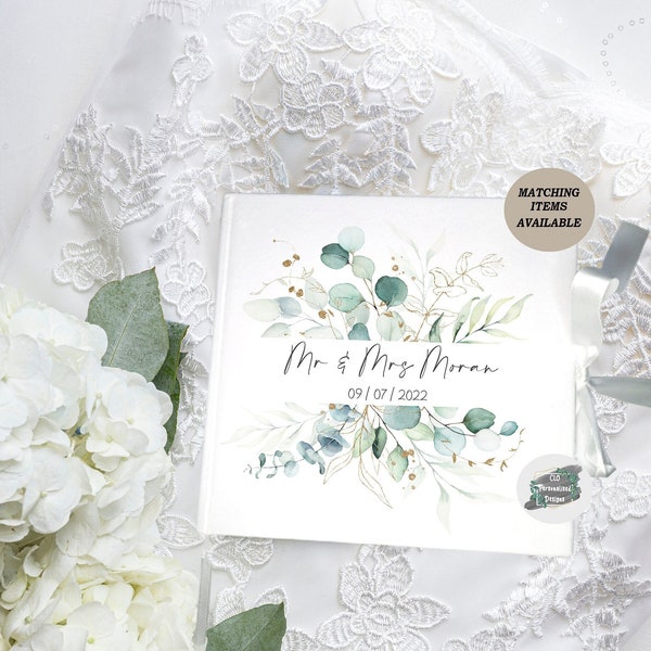 Personalised Wedding Guest book, Eucalyptus Wedding Theme, GuestBook White Velvet, Wedding Gift For Couple, Greenary, Gold, Eucalyptus Book