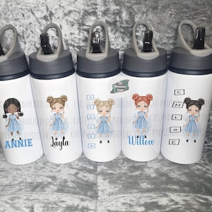 Personalised Kids School Water Bottle, First Day At School Gift, Back To School Girls Blue Uniform