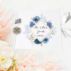 Personalised Blue and White Wedding Guestbook, Blue Floral Wedding Theme, Guest Book White Velvet, Wedding Gift For Couple, Blue Roses,