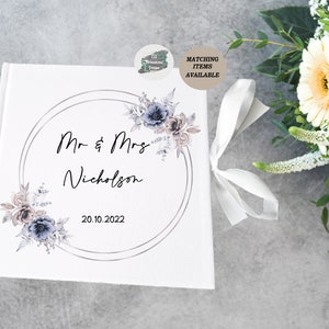 Personalised Dusky Blue, Silver and Peach Wedding Guestbook, Blue Floral Wedding Theme, Guest Book White Velvet, Wedding Gift For Couple