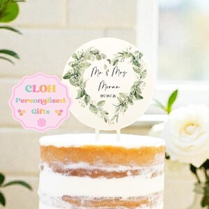 Personalised Greenery Heart Wreath Wedding Cake Topper, Acrylic Circle Design