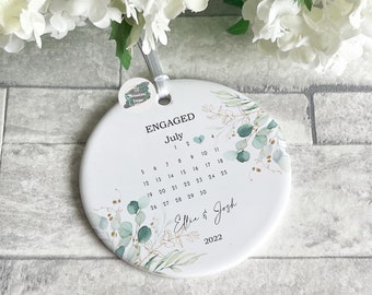 Personalised Engagement Eucalyptus Ceramic Round Ornament, Engagement Gift Decoration, Keepsake, Calendar with Names