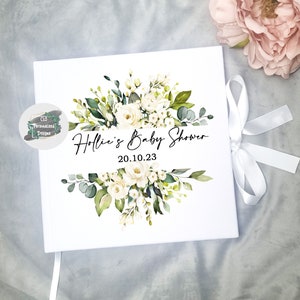 Personalised Baby Shower Guest Book, New Baby Scrapbook, Photo Album, Memory Book, Floral Greenary Baby Shower Guest Book, Velvet