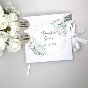 Personalised Blue and White Wedding Guestbook, Blue Floral Wedding Theme, Guest Book White Velvet, Wedding Gift For Couple, Blue Roses,