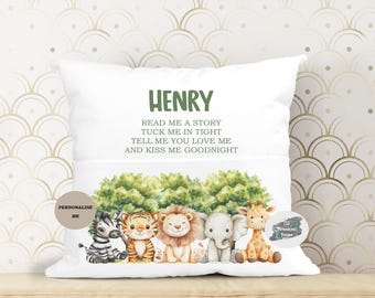 Personalised Safari Animal Book Cushion, Kids Storytime Pillow