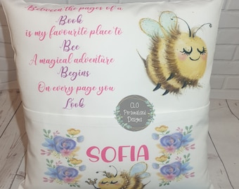 Personalised Kids Pocket Book Cushion, Bee Nursery Decor