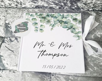Personalised White Velvet Wedding Guest Book, Greenery Theme