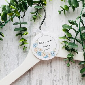 Personalised Blue Acrylic Wedding Coat Hanger Tag, Wedding Hanger Tags, Bridal Hanger, Bridal Party Gift, Bridesmaid Gift Wedding Day Hanger