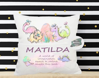 Personalised Dinosaur Pocket Book Cushion, Kids Reading Pillow