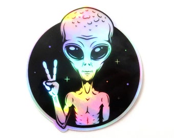 Pegatina holográfica de extraterrestre: símbolo de la paz, OVNI y estrellas - Resistente a la intemperie