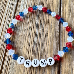 TRUMP Bracelet, Beaded TRUMP Stretch Bracelet, Red White And Blue Crystal Glass Beads
