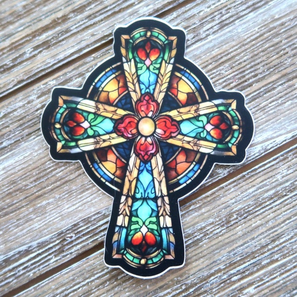 Stained Glass Cross Sticker - Colorful Sticker - Cross Sticker - Christian, Jesus, Faith, Catholic, Religious