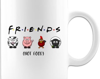 Friends not food white coffee mug or tea cup, vegan coffee mug, vegetarian coffee mug, gift for vegan, coffee mug animal lovers