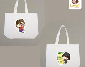 Chibi Jungkook Banana Milk & Taehyung V Yogurt Drink Tote Bag, 100% Cotton Shopping Bag