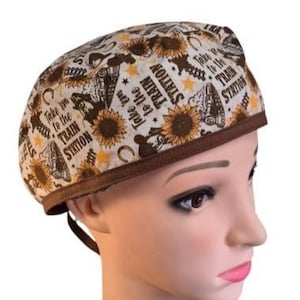 Yellowstone Sunflowers Western Montana Cowboy Horse Beth Dutton - Scrub Cap, Surgical Medical Nurse Doctor / Pixie, Ponytail, Bouffant, Euro