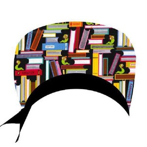 May include: A black scrub hat with a colorful pattern of books and worms. The text on the books includes "chemistry", "english", and "history".