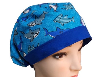 Sharks, Fish, Sea, Ocean, Nautical, Scrub Cap, Surgical Hat, Medical Cap, Doctor Nurse Hat / Pixie (V2), Ponytail, Bouffant, Euro Men Ladies
