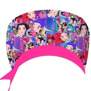 May include: A colourful head covering with an anime-style collage in pink, purple, red, and yellow. A bright pink ribbon extends from the bottom. The design is striking and features multiple anime characters.