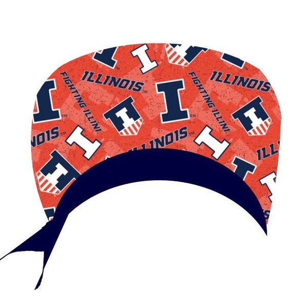 University of Illinois, Fighting Illini, Scrub Surgical Medical Doctor Nurse Hat, Chemo Hat; Pixie Ponytail Bouffant sweatband buttons