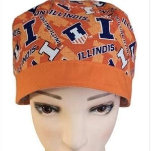 University of Illinois, Fighting Illini Scrub Cap: Surgical, Medical, Doctor, Nurse, Chemo Hat, Pixie Ponytail Bouffant euro; men and women