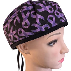Pancreatic Cancer, Purple Ribbon, Never Fight Alone Scrub Cap: Surgical, Medical, Doctor, Nurse Hat, Pixie, Ponytail, Bouffant, Euro; unisex