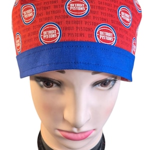 Pistons (red) Basketball Scrub Cap / Surgical Cap/ Medical Hat / Chemo Hat / Chefs Hat; pixie, bouffant or ponytail style, for men & women