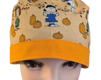 Pumkpins Fall Peanuts Leaves Charlie Snoopy Scrub Cap, Surgical Hat, Medical Cap, Chemo Hat, nurse Doctor Hat, for men & women
