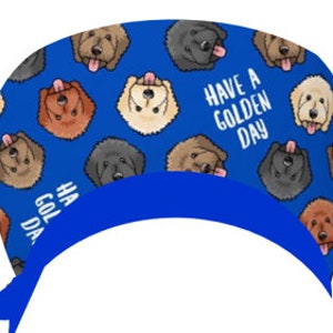 May include: Blue surgical scrub hat with a pattern of cartoon golden doodle dogs and the text "Have a Golden Day".