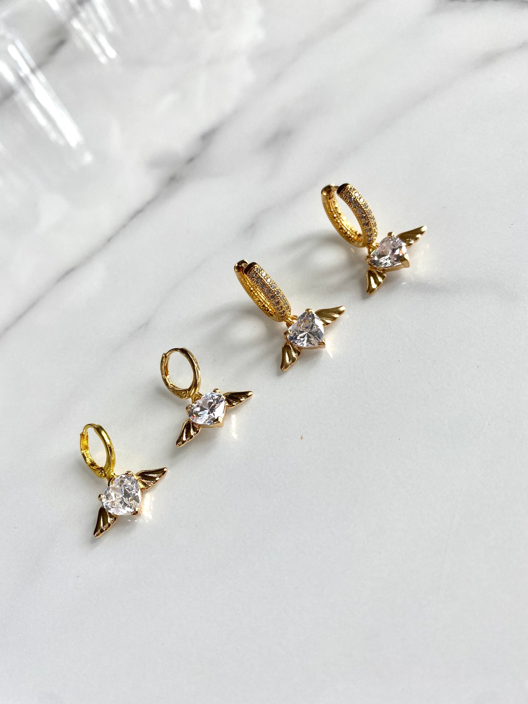Angel Heart Double Diamante Hoop Earrings Gold Hoops | Etsy