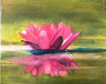 Oil Painting on Canvas Board, "Floating Lotus", Miniature oil painting, Detailed Art, 6" x 6"