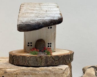 Driftrose cottage | Hand Painted Wooden Mini House | Tiny White Cottage | Coastal Miniature Art | Rustic Shelf Ornament