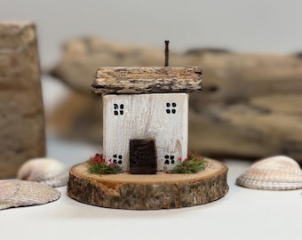 Shorebloom cottage | Hand Painted Miniature Wooden House | Coastal Home Décor | White Tiny Cottage | Seaside Gift
