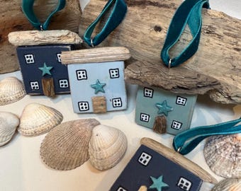 Teal Tide Driftwood Houses – Coastal Blue Christmas Tree Ornaments | Handcrafted Driftwood Cottage | Teal Velvet Ribbon
