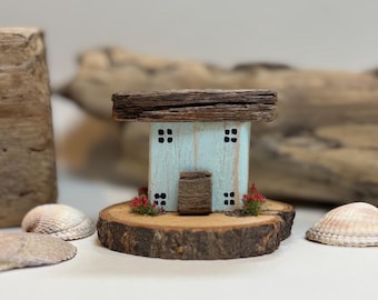 Tidepoppy cottage | Hand Painted Mini House | Coastal Tiny Home | Reclaimed Wood Ornament | Flower Garden Cottage