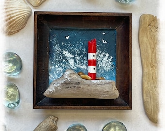 Harbour Light – Mini Driftwood Lighthouse Artwork | Recycled Wooden Coaster Frame | Handmade 10x10cm Coastal Wall Decor