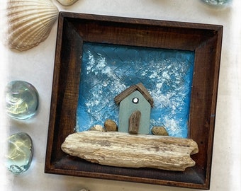 To The Beach – Mini Driftwood House Artwork | Recycled Wooden Coaster Frame | Handmade 10x10cm Coastal Wall Decor