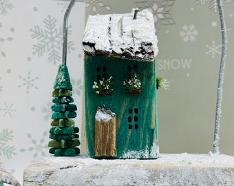 Coastal Christmas Townhouses | Handmade Driftwood & Clay Winter Decor | Snowy Miniature House | Starry Townhouse