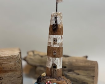 Whitecap Beacon | Driftwood Lighthouse Sculpture | Handmade Coastal Art | Nautical Ornament | Seaside Home Décor | Ocean-Inspired Gift