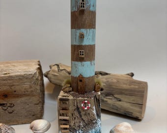Beacon’s Reach | Handcrafted Driftwood Lighthouse | Coastal Home Décor | Nautical Art Sculpture | Rope Ladder Lighthouse Ornament