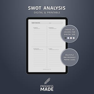 May include: A digital and printable SWOT analysis template displayed on a tablet. The template is divided into four sections: Strengths, Weaknesses, Opportunities, and Threats. The image includes text that says "Choice of colors for digital use" and "Multiple ink-friendly paper sizes."